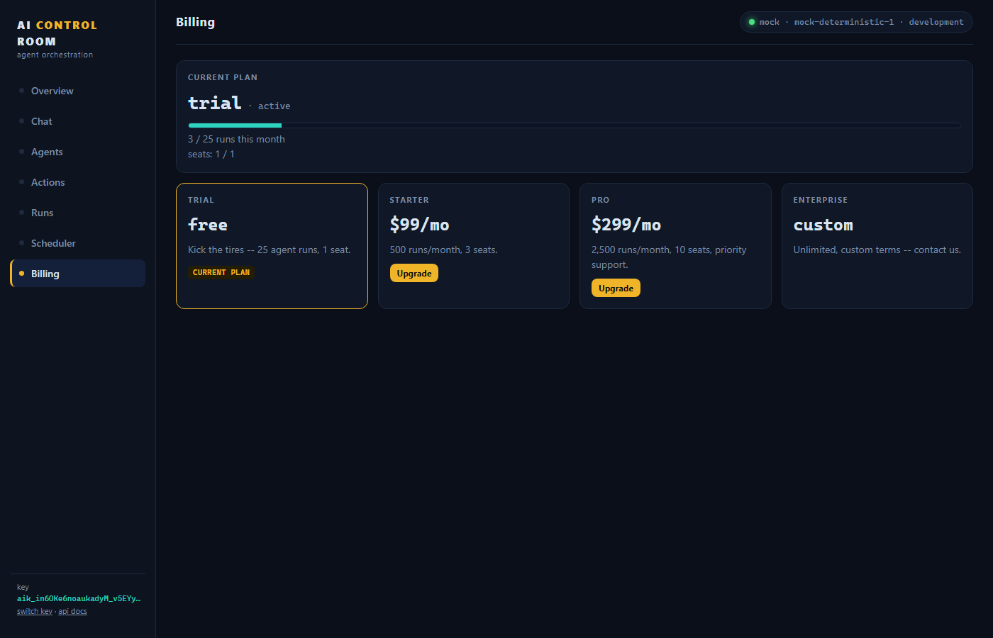 Billing view with current plan, usage bar and upgrade options